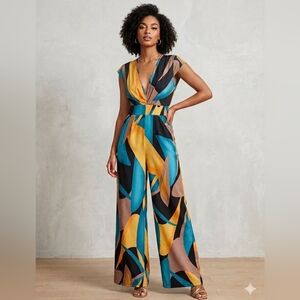 SHEIN Multicolor Abstract Midi Dress - Teal, Yellow, Black, Tan
